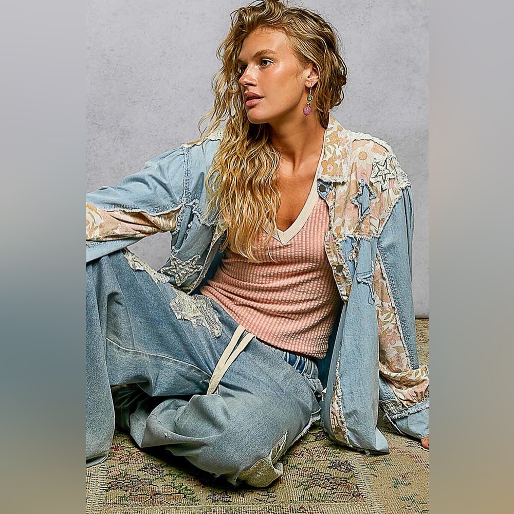 Pol Star Patchwork Stylish Light Shacket Blue Pri… - image 7